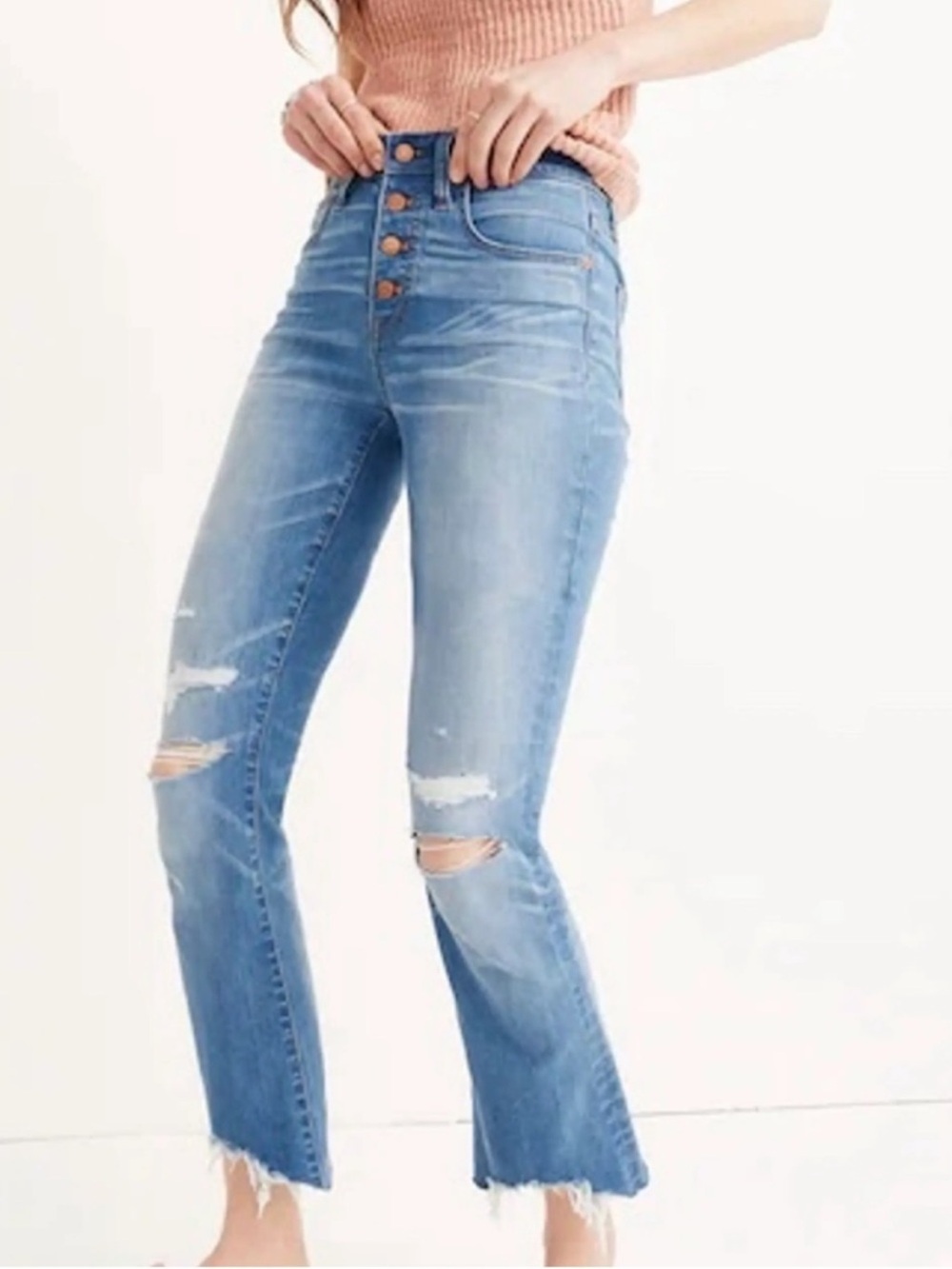 Madewell Cali Demi Boot Jeans 24 Distressed Raw Hem Button Fly Medium Wash - Picture 1 of 9